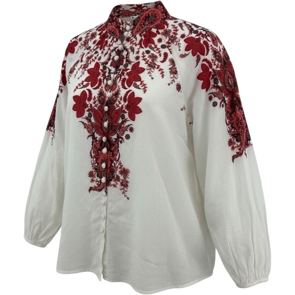 Soft Surroundings S White Red Floral Paisley Cotton Button Blouse Top Boho Y2K
